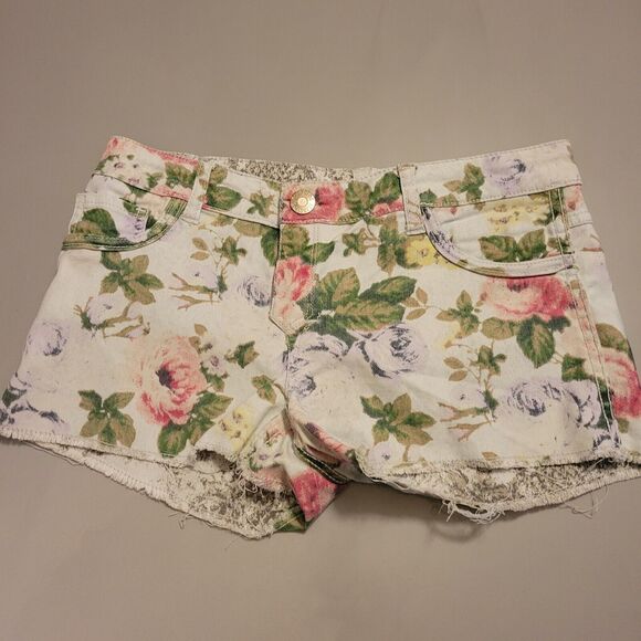 Flip Side 2 in 1 Women's Reversible Blue Jean Shorts Small Waist 31/32 Floral - Picture 1 of 6